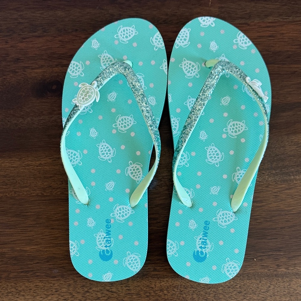 Kids Turquoise Flip Flops with Glitter Straps